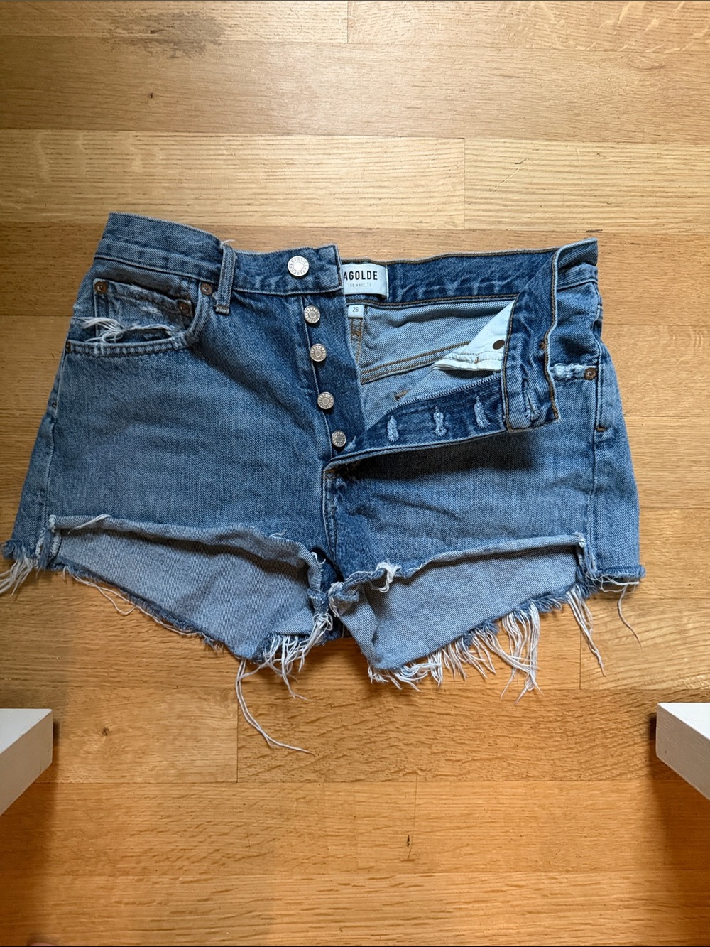 Agolde Medium Blue High-Rise Cutoff Shorts